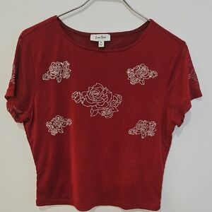 Red Floral Embellished Women's Short Sleeve Top